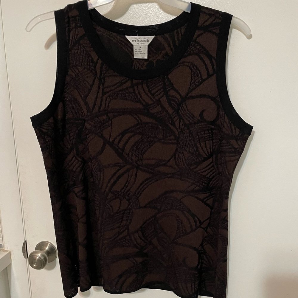 Vintage Exclusively Misook Brown Black Floral Stretch Sleeveless Blouse 1X